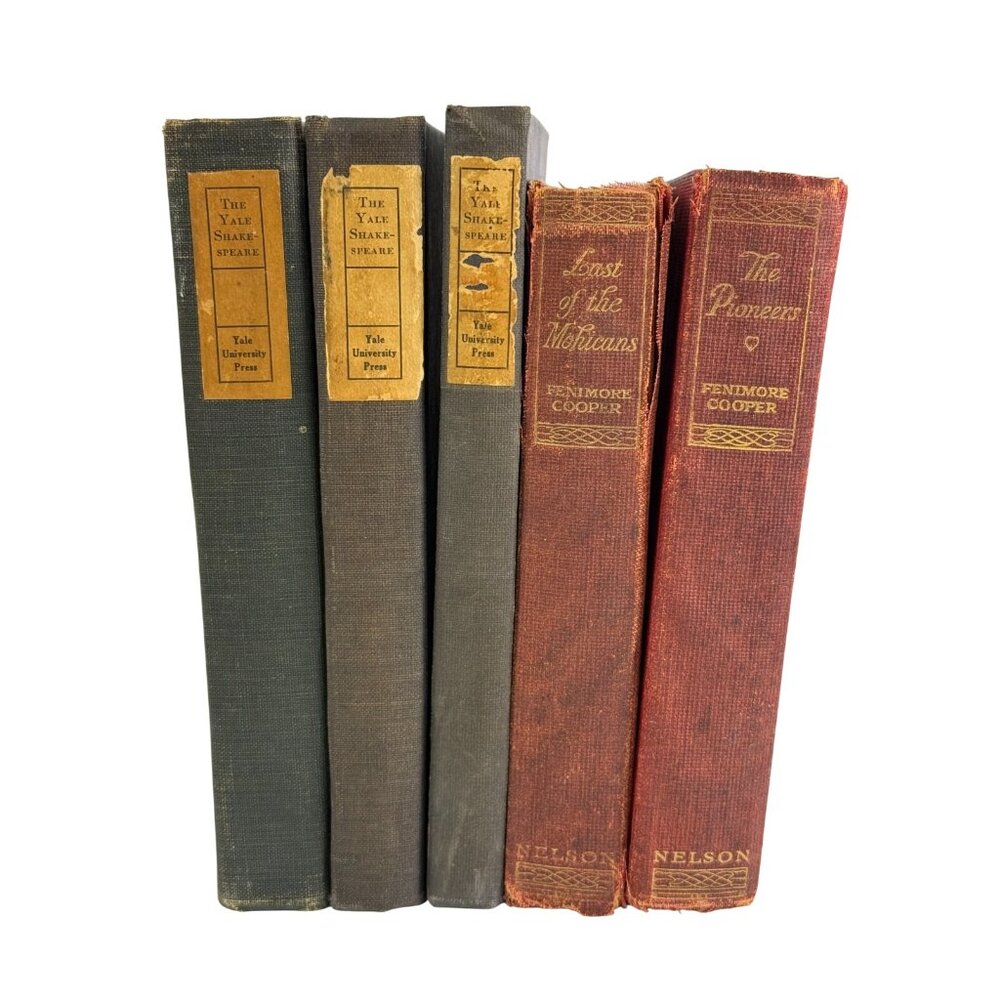 Antique Shakespeare Bookstack 1918 • Red & Blue Vintage Shelf Display Decor